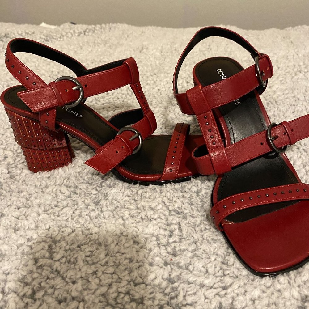 Donald Pliner Freyah Red Leather Mini-Studded, Fringed Heel Sandals, Sz. 8.5